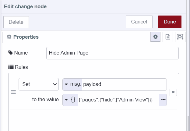 Screenshot displaying the change node which contains payload to display admin page "Screenshot displaying the change node which contains payload to hide admin page"