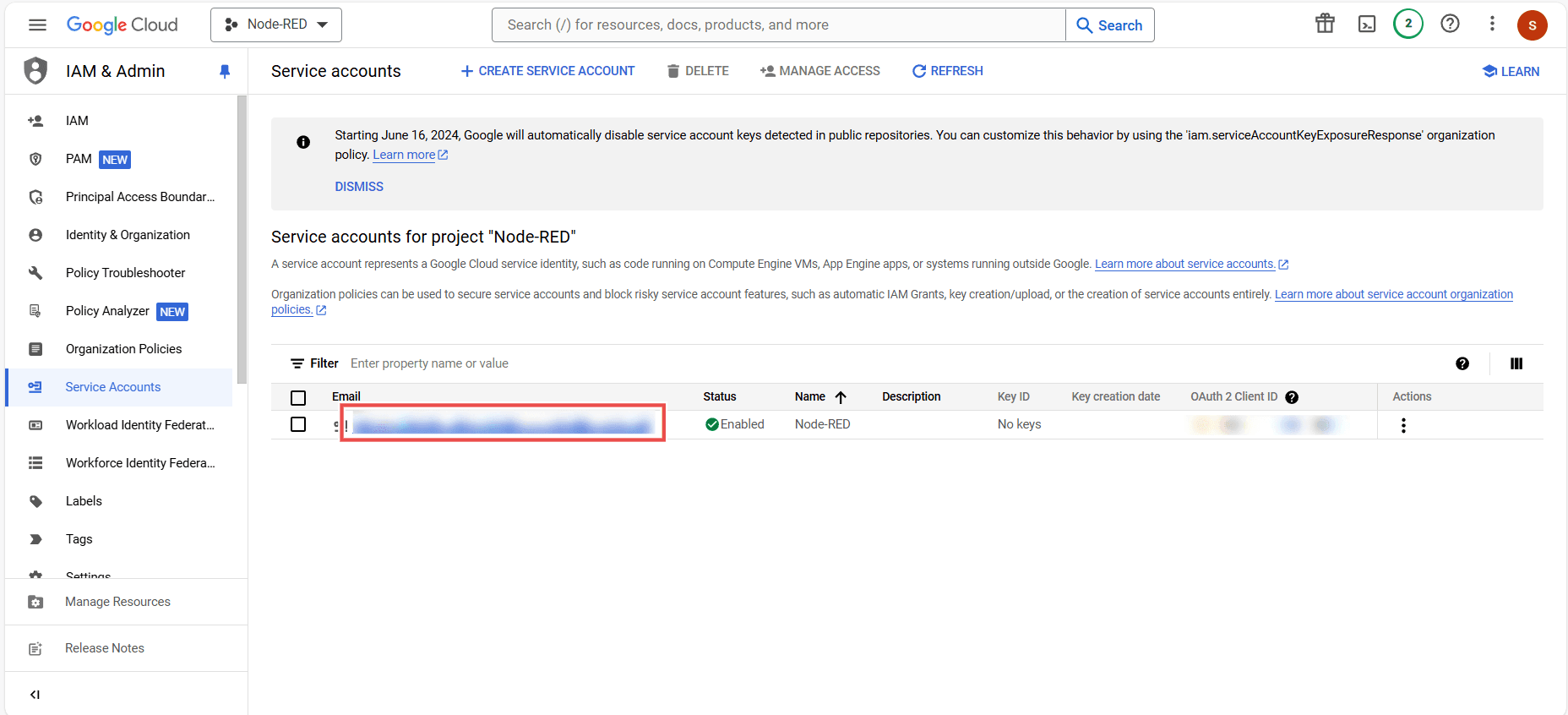 Screenshot showing the created service account email "Screenshot showing the created service account email"